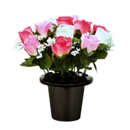 Premium Artificial Grave Flowers - 25Cm Pink Rosebud With Gypsophila Memorial Vase Pot - thumbnail 3