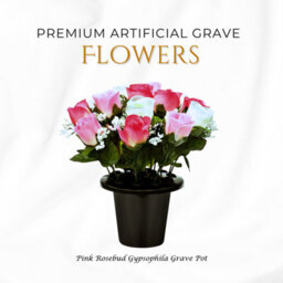Premium Artificial Grave Flowers - 25Cm Pink Rosebud With Gypsophila Memorial Vase Pot