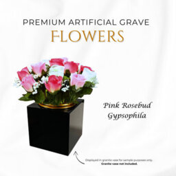 Premium Artificial Grave Flowers - 25Cm Pink Rosebud With Gypsophila Memorial Vase Pot - thumbnail 4
