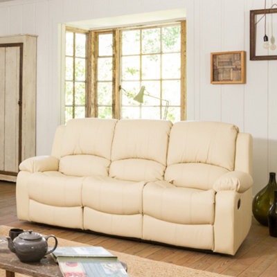 Glendale 201Cm Wide Cream Bonded Leather 3 Seat Manually Operated Recliner Sofa
