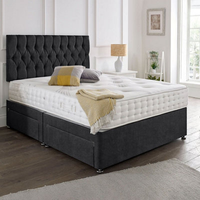 Dining Tables Beirut Matching Headboard Divan Set, 2 Drawer On Same Side With Sprung 1500 Comfort Mattress - Chenille Charcoal - Double - image 1