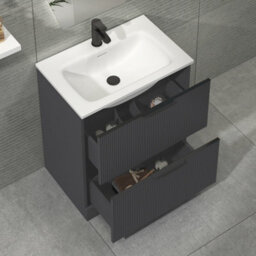 Royal Bathrooms Evora 700mm Graphite Grey Fluted Floor Standing Bathroom Vanity Unit 2 Drawer Cabinet With Stone Basin & Matt Black Handles - thumbnail 3