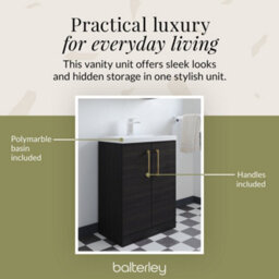 Balterley Level Compact Bathroom Cloakroom Vanity Basin Unit With Polymarble Basin, Brushed Brass Handles, 600mm, Woodgrain Black - thumbnail 5