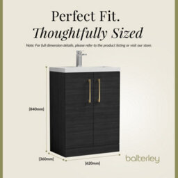 Balterley Level Compact Bathroom Cloakroom Vanity Basin Unit With Polymarble Basin, Brushed Brass Handles, 600mm, Woodgrain Black - thumbnail 4