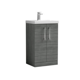 Balterley Contemporary Bathroom Floor Standing 2 Soft-Close Door Vanity Unit & Mid-Edge Ceramic Basin, Anthracite Woodgrain, 500mm - thumbnail 1