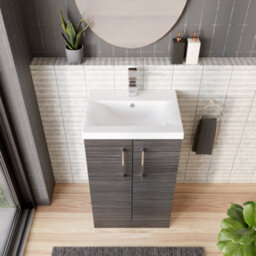 Balterley Contemporary Bathroom Floor Standing 2 Soft-Close Door Vanity Unit & Mid-Edge Ceramic Basin, Anthracite Woodgrain, 500mm - thumbnail 3
