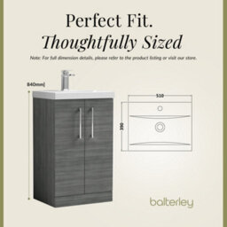 Balterley Contemporary Bathroom Floor Standing 2 Soft-Close Door Vanity Unit & Mid-Edge Ceramic Basin, Anthracite Woodgrain, 500mm - thumbnail 5