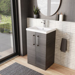 Balterley Contemporary Bathroom Floor Standing 2 Soft-Close Door Vanity Unit & Mid-Edge Ceramic Basin, Anthracite Woodgrain, 500mm - thumbnail 4