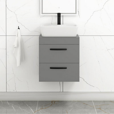 Royal Bathrooms 500mm Wall Hung Vanity Unit 2 Drawer Indigo Grey Gloss & Cube Countertop Basin With Matt Black Handle - image 1