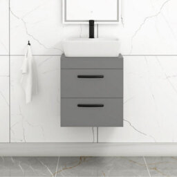 Royal Bathrooms 500mm Wall Hung Vanity Unit 2 Drawer Indigo Grey Gloss & Cube Countertop Basin With Matt Black Handle - thumbnail 1