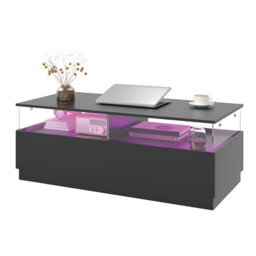 Keepreaper Rectangular Black 16 Color Led Light Coffee Table With 2 Storage Drawers For Home Office Table