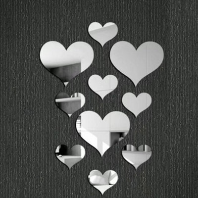 Set Of 10 Heart-Shaped Wall Mirror Stickers Home Decor, Silver - image 1
