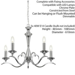 Hanging Flush Ceiling Pendant 5 Light Chrome Chandelier Classic Lamp Bulb Holder - thumbnail 2