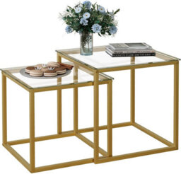Huhote Two Piece Nesting Side Tables With Gold Metal Frame And Glass Top Diameter 50 45 Cm Coffee Table Side End Table For Home - thumbnail 3