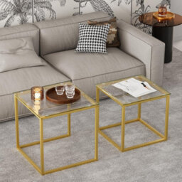 Huhote Two Piece Nesting Side Tables With Gold Metal Frame And Glass Top Diameter 50 45 Cm Coffee Table Side End Table For Home