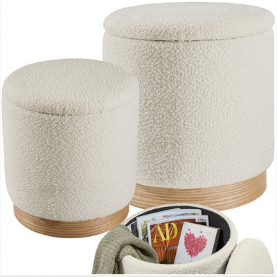 Tectake Stools Orchid Set Of 2 - Padded, Bouclé Cover Footstools, Large Storage Space - Cream, 1 - image 1
