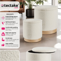 Tectake Stools Orchid Set Of 2 - Padded, Bouclé Cover Footstools, Large Storage Space - Cream, 1 - thumbnail 2