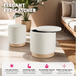 Tectake Stools Orchid Set Of 2 - Padded, Bouclé Cover Footstools, Large Storage Space - Cream, 1 - thumbnail 3