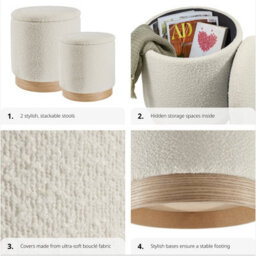 Tectake Stools Orchid Set Of 2 - Padded, Bouclé Cover Footstools, Large Storage Space - Cream, 1 - thumbnail 4