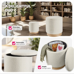 Tectake Stools Orchid Set Of 2 - Padded, Bouclé Cover Footstools, Large Storage Space - Cream, 1 - thumbnail 5