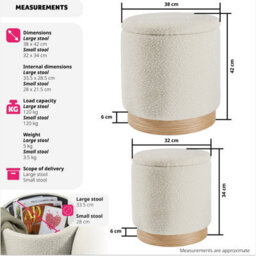 Tectake Stools Orchid Set Of 2 - Padded, Bouclé Cover Footstools, Large Storage Space - Cream, 1 - thumbnail 6
