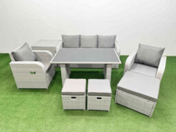 Fimous Outdoor Rattan Garden Furniture Dining Set 8-Seater Patio Rectangular Table 3 Seater Sofa Set With Side Table 3 Stools - thumbnail 2