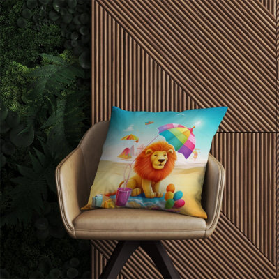 Warren Reed Designer Lion On A Beach Holiday Outdoor Cushion 60Cm X 60Cm