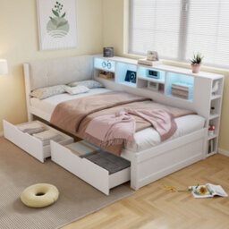 Matteo Single Storage Bed Frame With Led Light, Charging Port & Velvet Headboard - White - thumbnail 1