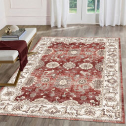 Red Bordered Floral Anti-Shed Rug For Bedroom, Living Room, 7mm Pile Stain-Resistant Traditional Rug - 160Cm X 230Cm - thumbnail 1