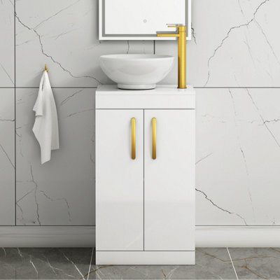 Royal Bathrooms 500mm Floor Standing Vanity Unit 2 Door Gloss White & Countertop Basin - Breeze With Brushed Brass Handle - image 1