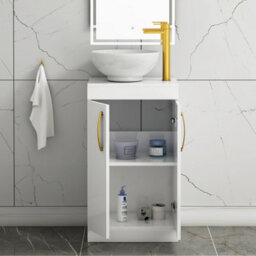 Royal Bathrooms 500mm Floor Standing Vanity Unit 2 Door Gloss White & Countertop Basin - Breeze With Brushed Brass Handle - thumbnail 3