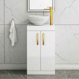 Royal Bathrooms 500mm Floor Standing Vanity Unit 2 Door Gloss White & Countertop Basin - Breeze With Brushed Brass Handle - thumbnail 1