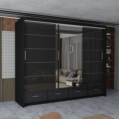 M N Furniture Ltd Wardrobe With Led Light Modern 2 Or 3 Sliding Doors-Mirrored Bedroom Cabinet With Drawers (Black,255Cm) - image 1