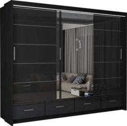 M N Furniture Ltd Wardrobe With Led Light Modern 2 Or 3 Sliding Doors-Mirrored Bedroom Cabinet With Drawers (Black,255Cm) - thumbnail 2