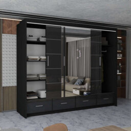 M N Furniture Ltd Wardrobe With Led Light Modern 2 Or 3 Sliding Doors-Mirrored Bedroom Cabinet With Drawers (Black,255Cm) - thumbnail 4