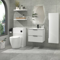 Royal Bathrooms Evora 600mm Matt White Fluted Wall Hung Bathroom Vanity Unit 2 Drawer Cabinet Storage With Stone Basin & Matt Black Handles - thumbnail 4