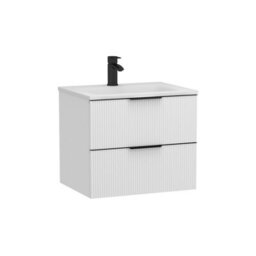 Royal Bathrooms Evora 600mm Matt White Fluted Wall Hung Bathroom Vanity Unit 2 Drawer Cabinet Storage With Stone Basin & Matt Black Handles - thumbnail 7