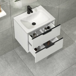 Royal Bathrooms Evora 600mm Matt White Fluted Wall Hung Bathroom Vanity Unit 2 Drawer Cabinet Storage With Stone Basin & Matt Black Handles - thumbnail 5