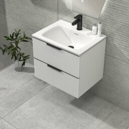Royal Bathrooms Evora 600mm Matt White Fluted Wall Hung Bathroom Vanity Unit 2 Drawer Cabinet Storage With Stone Basin & Matt Black Handles - thumbnail 6