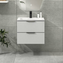Royal Bathrooms Evora 600mm Matt White Fluted Wall Hung Bathroom Vanity Unit 2 Drawer Cabinet Storage With Stone Basin & Matt Black Handles