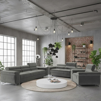 Torezio 3 2 1 Living Room Sofa Set Chipboard Frame Hr Foam Wavy Spring Wooden Frame Adjustable Headrests Grey - image 1