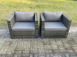 Fimous 2 Pc Outdoor Rattan Single Sofa Chair Garden Furniture With Seat And Back Cushion Dark Grey Mixed - thumbnail 2