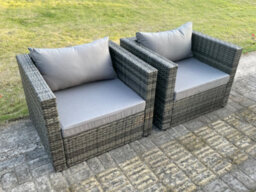 Fimous 2 Pc Outdoor Rattan Single Sofa Chair Garden Furniture With Seat And Back Cushion Dark Grey Mixed - thumbnail 1