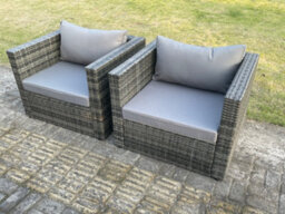 Fimous 2 Pc Outdoor Rattan Single Sofa Chair Garden Furniture With Seat And Back Cushion Dark Grey Mixed - thumbnail 3
