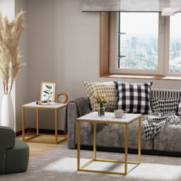 Huhote Two Piece Nesting Side Tables With Gold Metal Frame And White Marble Top Diameter 50 45 Cm Coffee Table End Table For Home - thumbnail 5