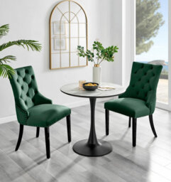 Furniturebox Uk Elina White Marble Effect Round Dining Table & 2 Green Belgravia Black Leg Chairs