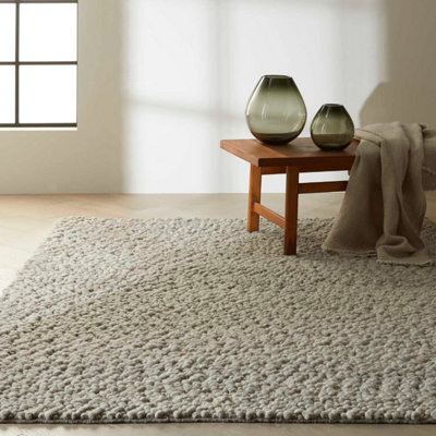 Grey Ivory Wool Handmade Luxurious Modern Rug Easy To Clean Living Room And Bedroom-61Cm X 91Cm