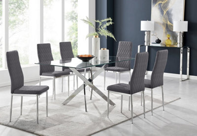 Furniturebox Uk Leonardo Glass And Chrome Metal Dining Table And 6 Grey Velvet Milan Chairs