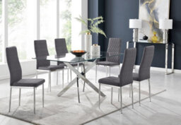 Furniturebox Uk Leonardo Glass And Chrome Metal Dining Table And 6 Grey Velvet Milan Chairs - thumbnail 1