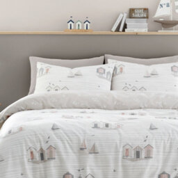 Fusion Beach Huts Summer Seaside Print Natural Duvet Cover Set - thumbnail 2